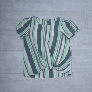 Chenault Blouse Short Sleeve Top Vertical Stripes Front Twist PS Green Blue
